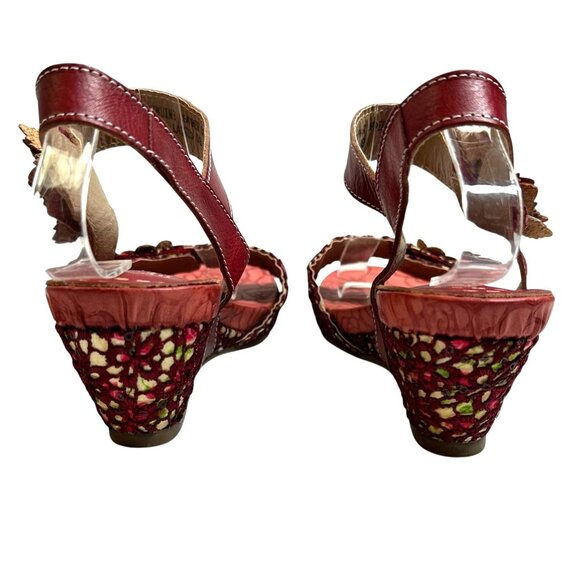 NEW L'Artiste Spring Step Laisis Red Leather Flower Accented Wedge Sandals 39 - Picture 7 of 10